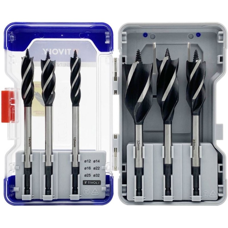 Wood drill bits with 4 cutting edges 12/14/16/22/25/32 mm, 1/4 Hex shank Wood drill bits with 4 cutting edges 12/14/16/22/25/32 mm, 1/4 Hex shank