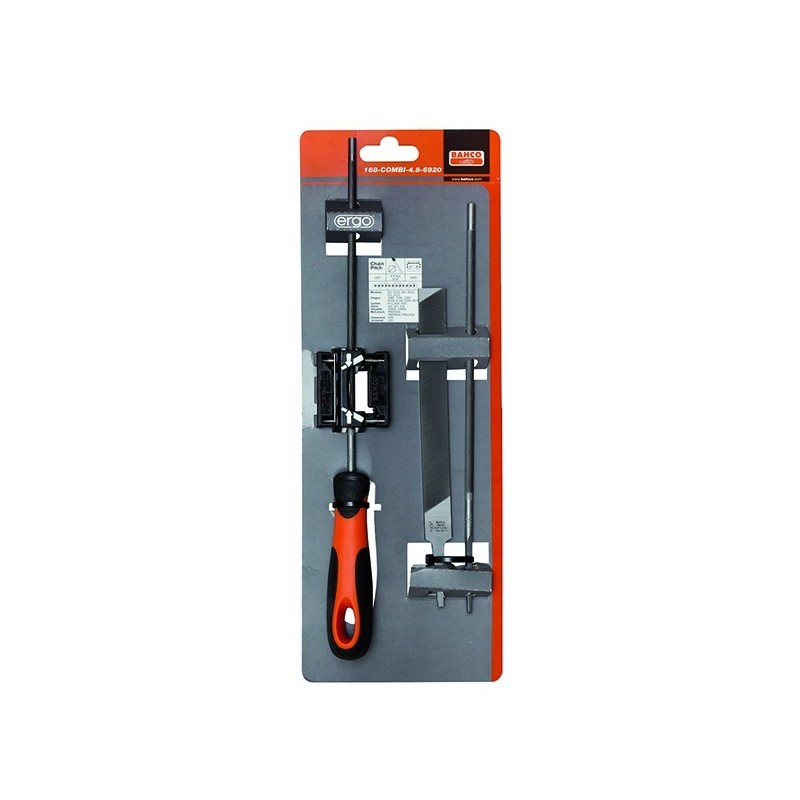 Chainsaw sharpening files set with filing guide (two round and one flat) 4,8mm with handle Chainsaw sharpening files set with filing guide (two round and one flat) 4,8mm with handle