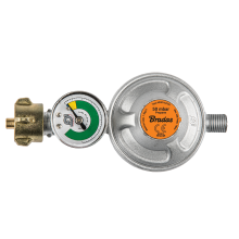 Propane butane gas regulator 50mbar, 1,5kg/h with emergency valve and gauge,