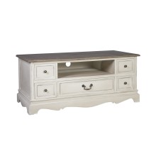 TV table SAMIRA NEW, 5-drawers, 117x53xH50cm, table top: MDF, frame and legs: ash/ paulownia, color: antique white