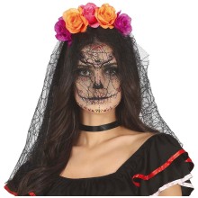 Headband with black veil & flowers