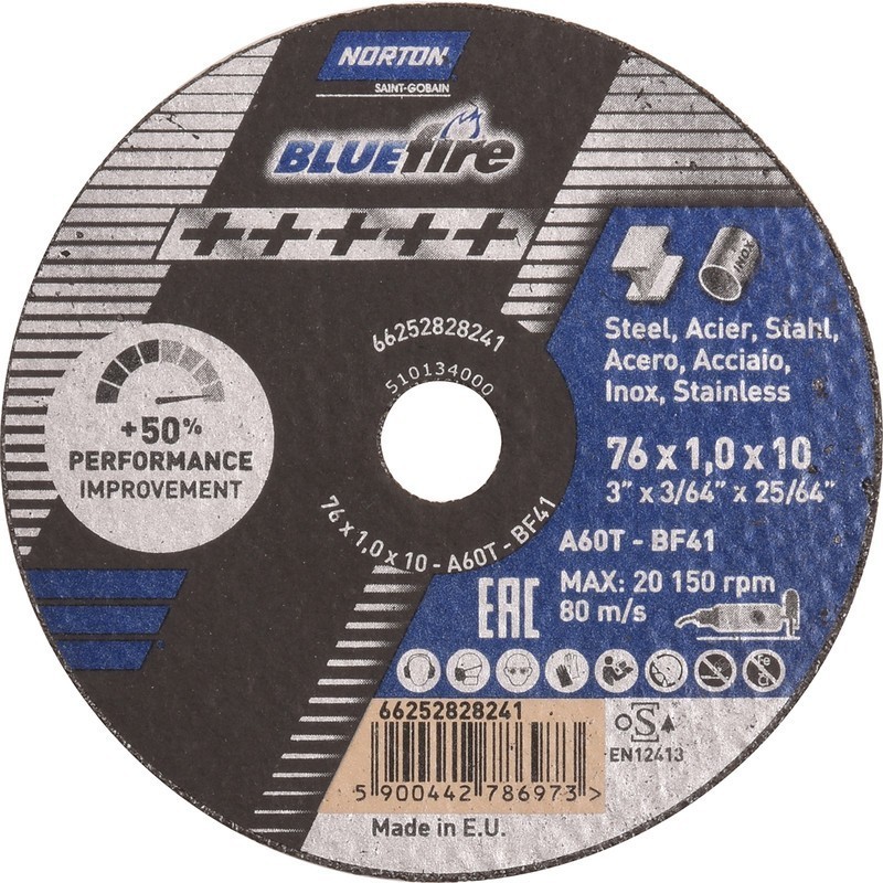 Cutting disc Norton Blue Fire A60 T41 - 76x1x10mm Cutting disc Norton Blue Fire A60 T41 - 76x1x10mm