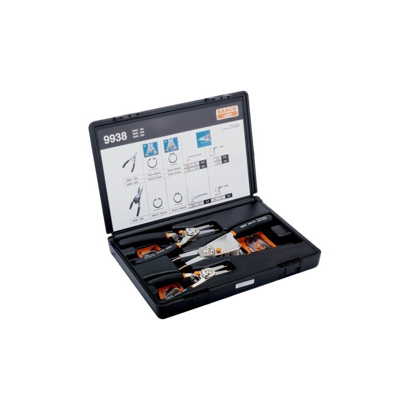 Set of three adjustable pliers for both internal and external circlips (straight, 15° and 90°) 160mm, 200mm and 250mm Set of three adjustable pliers for both internal and external circlips (straight, 15° and 90°) 160mm, 200mm and 250mm