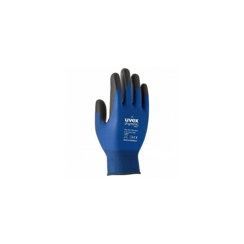 Safety gloves Uvex Phynomic WET, Polyamide/elastane with Aqua polymer coating for wet areas, blue. Size 8 Safety gloves Uvex Phynomic WET, Polyamide/elastane with Aqua polymer coating for wet areas, blue. Size 8