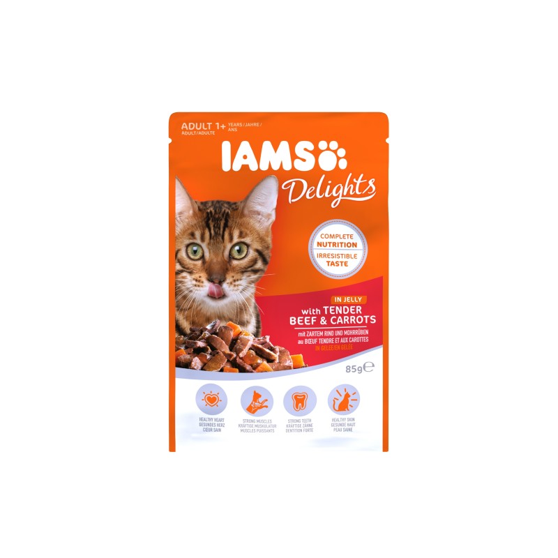 Täissööt (konserv) IAMS Delights täiskasvanutele, maitsva veiseliha ja porgandiga tarretises 85 g Täissööt (konserv) IAMS Delights täiskasvanutele, maitsva veiseliha ja porgandiga tarretises 85 g