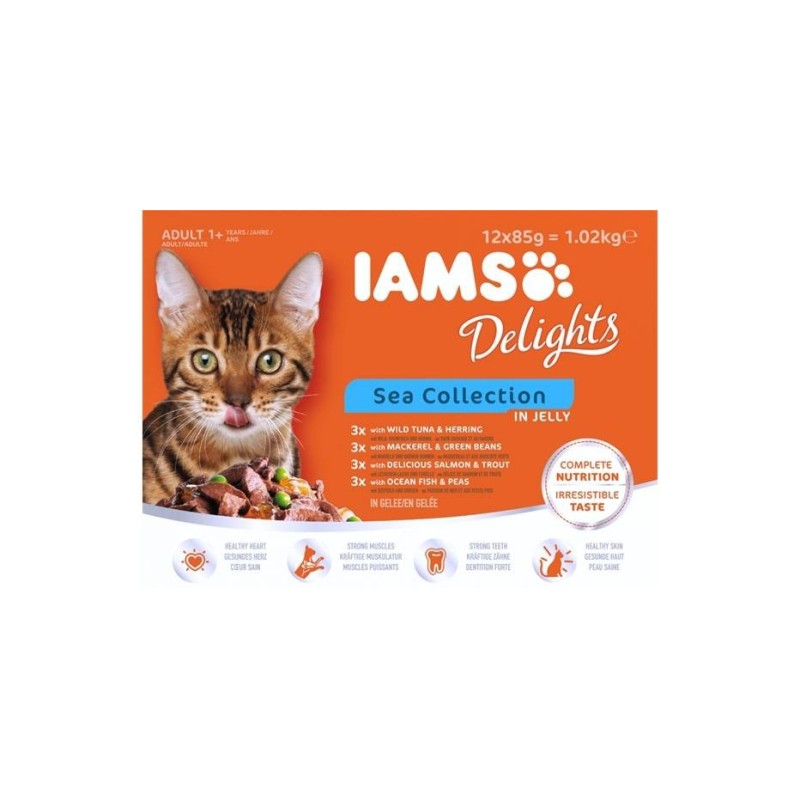 Complete (wet) feed Delights adult, variety of fish flavours - sea collection in jelly 1,02 kg, Iams Complete (wet) feed Delights adult, variety of fish flavours - sea collection in jelly 1,02 kg, Iams